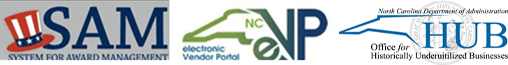 Image includes logos of SAM government, NC EPortal, and Historically Underutilized Business firm logos